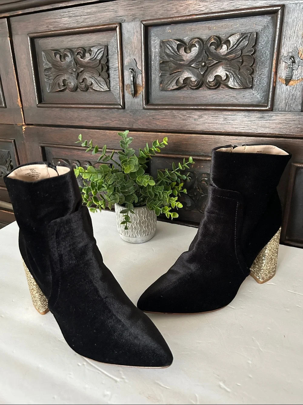 Betsey Johnson Black Velvet Ankle Boots with Gold Glitter Block Heel